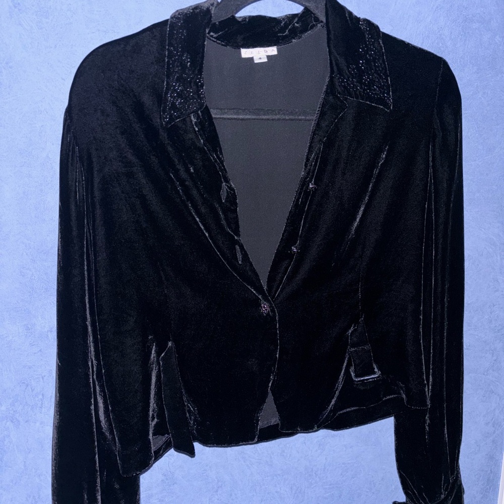 ZELDA Black Velvet Long Sleeve Collared Shirt